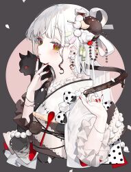 1girl black_background blush bracelet bun_cover cat closed_mouth commentary_request cropped_torso earrings frilled_sleeves frills hair_ribbon hands_up highres japanese_clothes jewelry karo_(karohroka) kimono long_hair long_sleeves looking_at_viewer nail_polish obi original red_eyes red_nails ribbon sash solo spoon white_hair white_kimono white_ribbon
