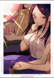 Rule 34 | 1boy, 1girl, aijou rentarou, black skirt, blush, breasts, hand to own mouth, highres, holding hands, kimi no koto ga dai dai dai dai daisuki na 100-nin no kanojo, large breasts, looking at viewer, morikita kimari, nozawa yukiko, official alternate costume, official art, purple hair, red eyes, shirt, short sleeves, sitting, skirt, tsurime, white shirt