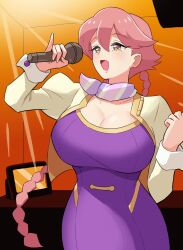 1girl apocalypse_hotel braid breasts brown_hair cleavage commentary cropped_jacket curvy dress enka hair_between_eyes highres holding holding_microphone indoors jacket karaoke large_breasts long_hair mature_female microphone music open_mouth orange_eyes pinky_out purple_dress scarf shadow_(modeler3622) singing sleeve_cuffs smile solo standing tight_clothes twin_braids twintails very_long_hair white_jacket yachiyo_(apocalypse_hotel)