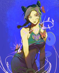 1girl absurdres bare_arms bare_shoulders blue_background braid bug bun_with_braided_base butterfly butterfly_tattoo clothing_cutout cone_hair_bun cowboy_shot cuffs green_eyes green_lips green_tank_top hair_bun halftone handcuffs highres insect jojo_no_kimyou_na_bouken kuujou_jolyne looking_at_viewer midriff multicolored_hair navel pants parted_bangs parted_lips sang_(3soun) solo stomach_cutout stone_ocean tank_top tattoo two-tone_hair