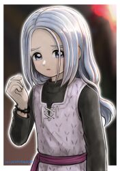 1boy absurdres androgynous artist_name black_shirt blurry blurry_background border bracelet commentary dragon_quest dragon_quest_x highres jewelry long_hair looking_to_the_side male_focus moyapippi nalasia open_mouth parted_hair pink_sash purple_eyes sash shirt solo thorns tunic upper_body white_border white_hair white_tunic
