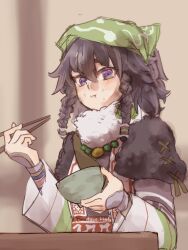 1girl :i ainu_clothes bead_necklace beads black_hair blush bowl braid chopsticks closed_mouth eating food food_on_face hair_between_eyes headscarf highres holding holding_bowl holding_chopsticks jewelry looking_at_viewer necklace pilika_(rune_factory) purple_eyes qwq_kbtofu rice rice_on_face rune_factory rune_factory:_guardians_of_azuma side_braids solo twitter_username upper_body
