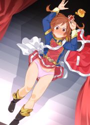 1girl aijou_karen artist_request blush boots breasts brown_eyes brown_hair closed_mouth clothes_lift crown falling highres indoors legs panties pink_panties short_hair shoujo_kageki_revue_starlight skirt skirt_lift small_breasts solo tagme underwear