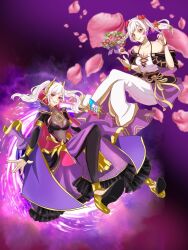 2girls armlet armpit_crease artist_request bare_arms bare_shoulders bodysuit bodysuit_under_clothes bracelet breasts brown_eyes cape capelet cleavage clenched_hand collarbone collared_cape covered_navel dark_persona dress dual_persona evil_smile eyelashes eyes_of_grima falling_petals female_focus female_robin_(fell_tactician)_(fire_emblem) female_robin_(fire_emblem) female_robin_(valentine)_(fire_emblem) fingerless_gloves fingernails fire_emblem fire_emblem_awakening fire_emblem_heroes flower flower_bracelet flower_knot foot_up full_body gloves hair_flower hair_ornament halterneck hands_up happy high_heels highres hip_vent invisible_chair jewelry leggings lips long_dress long_hair looking_at_viewer lots_of_jewelry medium_breasts mermaid_dress multiple_girls multiple_necklaces neck necklace nintendo no_socks off_shoulder official_alternate_costume open_clothes open_hand open_skirt outstretched_arm parted_lips petals purple_cape red_eyes rope_belt see-through_clothes shoe_soles sidelocks signature sitting skirt sleeveless sleeveless_dress smile spaghetti_strap spiked_hair_ornament swept_bangs tight_clothes twintails vortex white_hair