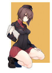 10mo 1girl black_socks boots breasts brown_eyes brown_hair female_focus girls_und_panzer hat highres kneeling looking_at_viewer military military_hat military_uniform nishizumi_maho parted_lips pleated_skirt school_uniform short_hair skirt socks solo
