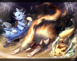 blue_eyes claws closed_mouth commentary_request creatures_(company) dewott electricity fangs fangs_out fire floodlights furry game_freak gen_1_pokemon gen_2_pokemon gen_5_pokemon highres holding holding_shell ivan_(ffxazq) nintendo pikachu pokemon pokemon_(creature) quilava shell signature standing water