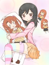 0_0 1girl :d antenna_hair beige_skirt black_hair black_skirt blush blush_stickers brown_eyes brown_hair brown_shoes character_doll collared_shirt dakimakura_(object) doll female_focus hair_ribbon hugging_object ichijou_hotaru kneehighs koshigaya_komari long_hair long_sleeves looking_at_viewer neck_ribbon non_non_biyori open_mouth parted_lips pillow pillow_hug pink_ribbon pleated_skirt red_ribbon ribbon school_uniform shika_(s1ka) shirt shoes skirt smile socks solid_oval_eyes solo striped_clothes striped_socks striped_thighhighs sweater_vest thighhighs two_side_up very_long_hair white_shirt white_socks