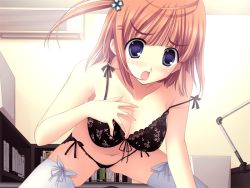 Rule 34 | 00s, 1girl, black bra, black panties, blue eyes, blush, bow, bow bra, bra, breasts, brown hair, cleavage, da capo, da capo ii, dacapo2, female focus, game cg, kneeling, lace, lace-trimmed bra, lace-trimmed panties, lace trim, large breasts, lingerie, orange hair, panties, red hair, short hair, side-tie panties, solo, strap slip, thighhighs, tsukishima koko, underwear, underwear only, white thighhighs, yaegashi nan