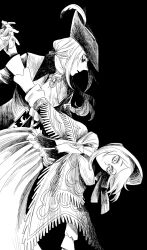 2girls bloodborne bonnet cape commentary dancing expressionless greyscale highres holding_hands kuropin lady_maria_of_the_astral_clocktower looking_at_another monochrome multiple_girls plain_doll