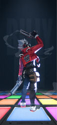 1boy belt billy_kid black_pants chain character_name commentary cropped_jacket dance_floor dual_wielding english_commentary from_behind full_body glassesman gun handgun highres holding holding_gun holding_weapon humanoid_robot jacket long_sleeves looking_at_viewer looking_back male_focus pants red_jacket revolver robot shoes smoke smoking_barrel solo studded_belt thigh_strap weapon yellow_eyes zenless_zone_zero