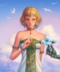 1boy 1girl armlet bare_shoulders bird blonde_hair blue_flower bracelet braid breasts circlet cloud commentary crown_braid dress earrings english_commentary flower green_eyes holding holding_flower jewelry link looking_to_the_side mechanical_arms necklace nintendo parted_bangs pointy_ears princess_zelda short_hair single_mechanical_arm sky smile strapless strapless_dress teardrop_facial_mark the_legend_of_zelda the_legend_of_zelda:_tears_of_the_kingdom tommy_worthington white_dress