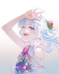 1girl absurdres alternate_costume aqua_eyes arm_up bare_shoulders bouquet carlotta_(wuthering_waves) commentary_request earrings flower from_side gradient_background highres holding holding_bouquet jewelry lanse_chanming long_hair looking_at_viewer one_eye_closed open_mouth parted_bangs shirt sleeveless sleeveless_shirt smile solo upper_body v white_hair white_shirt wuthering_waves