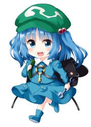 1girl :d backpack bag black_bag blue_boots blue_eyes blue_hair blue_shirt blue_skirt blush boots collared_shirt commentary_request crumbs cucumber flat_cap food fruit full_body green_hat hair_bobbles hair_ornament hat highres holding holding_food holding_fruit holding_wrench jewelry kawashiro_nitori key key_necklace long_sleeves looking_at_viewer necklace open_mouth pocket rubber_boots ruu_(tksymkw) shirt short_hair simple_background skirt skirt_set smile solo teeth touhou two_side_up upper_teeth_only white_background wrench