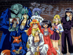 Rule 34 | 1990s (style), 3girls, 6+boys, ahoge, alternate costume, amelia wil tesla seyruun, animal ears, aqua hair, banchou, blonde hair, blue eyes, blue hair, bousouzoku, bow, chaos dragon garv, clothes writing, coat, delinquent, earrings, everyone, eyepatch, filia ul copt, fox ears, fox tail, gourry gabriev, gravos maunttop, hair intakes, hair over one eye, horns, j.c. staff, jewelry, jillas jillos jilles, lina inverse, long sleeves, looking at viewer, looking back, mace, multiple boys, multiple girls, photo (object), pink bow, pleated skirt, pointy ears, purple hair, purple skirt, red eyes, retro artstyle, sarashi, school uniform, serafuku, single horn, skirt, slayers, slayers try, spiked mace, spikes, sukeban, sweatdrop, tail, tokkoufuku, v, valgarv, weapon, wrench, xelloss, yellow eyes, zelgadiss graywords