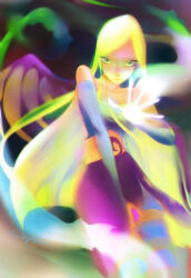 1girl bare_shoulders blonde_hair blue_pantyhose blue_shirt blunt_ends casting_spell closed_mouth collarbone commentary cornelia_hale cowboy_shot determined english_commentary feathered_wings furrowed_brow gradient_background green_eyes highres ladyshalirin lips long_hair long_sidelocks long_sleeves magic magical_girl medium_skirt midriff off-shoulder_shirt off_shoulder pantyhose pink_skirt purple_background shirt side_slit sidelocks signature skirt solo standing straight_hair striped_clothes striped_pantyhose torn_clothes torn_skirt two-sided_fabric two-sided_skirt two-tone_pantyhose very_long_hair w.i.t.c.h. wings yellow_pantyhose yellow_wings