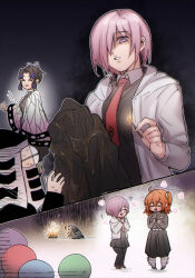 Rule 34 | bedivere (fate), black hair, burning, butterfly hair ornament, character request, commentary, cosplay, crossover, demon slayer uniform, english commentary, fate/grand order, fate (series), fire, fujimaru ritsuka (female), gawain (fate), glasses, hair ornament, hair over one eye, hair scrunchie, haori, hood, hoodie, japanese clothes, kimetsu no yaiba, kochou shinobu, kochou shinobu (cosplay), kulissara-aung, lancelot (fate/grand order), mash kyrielight, matches, medium hair, medium skirt, necktie, one side up, own hands together, red necktie, round eyewear, scrunchie, shaded face, skirt, tristan (fate)