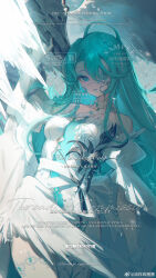 Rule 34 | 1girl, absurdres, ahoge, aqua eyes, aqua hair, bare shoulders, breasts, dress, english text, feathered wings, flower, highres, long hair, looking at viewer, original, parted lips, solo, white dress, wings, youzha xian quanquan