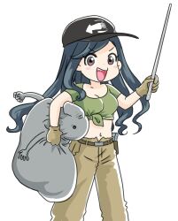1girl belt belt_buckle blue_hair breasts brown_belt brown_pants buckle collarbone creature crop_top furrowed_brow green_shirt hat holding holding_baton holding_rod holster homunculus_loxodontus japanon kraken_(japanon) kraken_regiment long_hair looking_at_viewer midriff military navel open_mouth original pants peaked_cap rod russo-ukrainian_war shirt short_sleeves small_breasts smile soldier squid teaching tongue