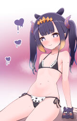 1girl ? arm_support bare_arms bare_shoulders bikini black_bikini blue_eyes blunt_bangs blush bright_pupils closed_mouth collarbone commentary drooling flat_chest gradient_background gradient_hair hair_ornament halterneck heart heart-shaped_pupils hololive hololive_english kani_bonara long_hair looking_at_viewer mole mole_under_eye multicolored_hair navel ninomae_ina&#039;nis orange_hair pink_background pointy_ears purple_hair side-tie_bikini_bottom sitting smile steaming_body stomach string_bikini swimsuit symbol-only_commentary symbol-shaped_pupils takodachi_(ninomae_ina&#039;nis) tentacle_hair thighs twintails virtual_youtuber white_background white_pupils