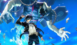 Rule 34 | 1boy, absurdres, belt, blue background, blue eyes, blue fire, blue hair, chain, coffin, dark blue hair, digital media player, evoker, fire, gekkoukan high school uniform, glowing, glowing eyes, gun, gun to head, hair over one eye, headphones, headphones around neck, highres, holding, holding gun, holding weapon, jacket, letro, male focus, monster, open clothes, open jacket, persona, persona (summon), persona 3, s.e.e.s, school uniform, short hair, standing, thanatos (persona), upper body, weapon, yuuki makoto (persona 3)