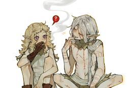 1boy 1girl ? arm_tattoo bags_under_eyes blonde_hair chest_tattoo cigarette closed_eyes dungeon_meshi elf fleki full-body_tattoo gloves gorget grey_hair hair_around_ear hair_tubes hand_to_own_mouth highres holding holding_cigarette joint_(drug) knees_up leg_tattoo long_hair low_twintails lycion medium_hair navel notched_ear nova_1810 pointy_ears purple_eyes simple_background single_glove sitting sleeveless smoke smoke_trail smoking spoken_question_mark tattoo topless_male tunic twintails white_background