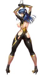 1girl ass bdsm blue_hair blush bodysuit bondage bound breasts chain covered_eyes curvy female_focus highres large_breasts lilith-soft long_hair looking_back moaning no_bra puffy_nipples pussy_juice shika_asatsuki simple_background solo sweat taimanin_(series) taimanin_asagi taimanin_rpgx weapon white_background zol