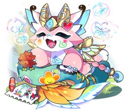 1other altar_zero aqua_wings bubble chibikemo closed_eyes crayon dragon dragon_village_(series) dragon_village_collection drawing_(object) flower furry game_cg heart holding holding_paper laby_(dragon_village) laby_(liberated)_(dragon_village) lowres official_art paper pink_flower proto_alpha sticker third-party_source transparent_background zael_delta