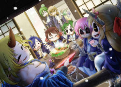 6+girls absurdres ahoge alcohol alternate_costume alternate_hairstyle ball_and_chain_(weapon) ball_and_chain_restraint bandaged_arm bandages black_sclera blonde_hair blouse blue_hair blush bow bowl breasts brown_hair bun_cover chain chamaji chopsticks cleavage collarbone colored_sclera croquette cuffs cup curly_hair diamond_(shape) drying drying_hair dutch_angle eating fang food frilled_bow frills glass green_eyes green_hair hair_between_eyes hair_bow hair_bun hair_ornament hakurei_reimu hat hat_ribbon highres horn_ornament horn_ribbon horns hoshiguma_yuugi hoshiguma_yuugi_(kimono) ibaraki_kasen ibuki_suika japanese_clothes kimono kirisame_marisa kochiya_sanae komano_aunn komeiji_koishi long_hair long_sleeves looking_at_viewer multiple_girls mushroom nabe no_headwear no_headwear oni oni_horns open_mouth orange_eyes orange_hair own_hands_together pink_eyes pink_hair ponytail praying purple_hair red_eyes ribbon round_teeth sakazuki sake shackles shirt short_hair shouji single_hair_bun single_horn sitting sliding_doors smile snake_hair_ornament snow soup spiral spoon star_(symbol) sukuna_shinmyoumaru table tearing_up teeth third_eye tokkuri touhou towel triangular_headpiece wide_sleeves yellow_eyes yorigami_shion yukata
