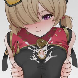 1girl after_paizuri bare_arms bare_shoulders blush breasts breasts_squeezed_together brown_hair commentary cum cum_on_body cum_on_breasts cum_on_clothes cum_on_upper_body gradient_background grey_background hair_over_one_eye highres large_breasts looking_at_viewer low_twintails mer_lynn one_eye_covered purple_eyes short_twintails simple_background solo sweety_(zenless_zone_zero) tassel twintails upper_body zenless_zone_zero