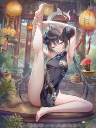 1girl armpits arms_up bare_legs barefoot black_dress black_eyes black_hair blue_archive breasts butterfly_hair_ornament china_dress chinese_clothes closed_mouth clothing_cutout dot_nose dress feet female_focus full_body hair_bun hair_buns hair_ornament halo halo_behind_head highres kisaki_(blue_archive) legs loli long_hair looking_at_viewer navel_cutout no_panties one_eye_closed poi_1 sitting sleeveless small_breasts smile solo solo_focus thighs thighs_focus toes very_long_hair white_halo