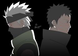 2boys black_background black_coat black_hair closed_mouth coat flak_jacket grey_hair hatake_kakashi headband jacket konohagakure_shinobi_uniform male_focus mask mouth_mask multiple_boys naruto_(series) naruto_shippuuden ninja ninja_mask red_eyes sharingan short_hair simple_background spiked_hair uchiha_obito upper_body zifletts