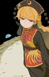 1girl absurdres belt black_dress black_hat black_sky breasts brown_belt chinese_clothes closed_mouth cowboy_shot crescent crescent_print dalachi_(headdress) dress earth_(planet) hair_between_eyes half-closed_eyes hat highres junko_(touhou) long_hair long_sleeves looking_at_viewer mandarin_collar medium_breasts meonjiuikkum moon neck_ribbon orange_hair outdoors phoenix_print planet pom_pom_(clothes) red_eyes red_tabard ribbon sky solo space standing star_(sky) starry_sky tabard tassel touhou wavy_hair wide_sleeves yellow_ribbon