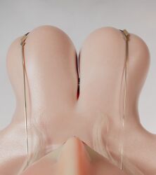 1girl 3d almost_nude breast_focus breasts cleavage from_above gigantic_breasts gold_strap gold_stripes momoyama nose original spaghetti_strap standing tagme