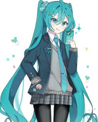 Rule 34 | 1girl, :q, badge, black pantyhose, blue eyes, blue hair, blue jacket, blue necktie, blush, button badge, buttoned cuffs, buttons, cellphone, closed mouth, collared shirt, cowboy shot, crown hair ornament, dot nose, food-themed hair ornament, grey skirt, grey sweater, hair between eyes, hair ornament, hair scrunchie, hand in pocket, hatsune miku, highres, holding, holding phone, jacket, lapel pin, lapels, legs apart, long hair, long sleeves, looking at phone, minazuki (minaduki 0318), miniskirt, necktie, pantyhose, phone, plaid clothes, plaid skirt, pleated skirt, school uniform, scrunchie, shirt, sidelocks, simple background, skirt, smartphone, smile, solo, sparkle, spring onion, spring onion hair ornament, star (symbol), striped necktie, sweater, tie clip, tongue, tongue out, very long hair, vocaloid, white background, white shirt