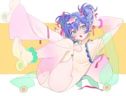1girl :o absurdres alternate_costume anklet beads belle_(zenless_zone_zero) blue_hair bow cleavage_cutout clothing_cutout double_bun earrings flower_earrings food-themed_hair_ornament green_eyes green_shawl hair_between_eyes hair_bow hair_bun hair_ornament highres jewelry legs_up leotard long_sleeves multiple_hair_bows pd_honey red_ribbon ribbon see-through_clothes shawl shoes short_hair shrug_(clothing) simple_background white_shoes zenless_zone_zero