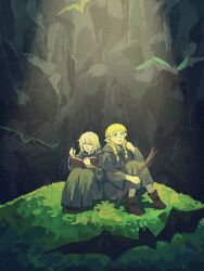 2girls :d animal bat_(animal) black_shoes blonde_hair blue_robe book braid closed_eyes cyberseaurchin elf falin_touden falin_touden_(tallman) grass highres holding holding_book holding_stick marcille_donato multiple_girls open_mouth original pointy_ears robe rock shoes short_hair sitting smile stick sunlight twin_braids