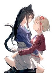 2girls absurdres animal_ears belt black_hair black_shoes black_socks blonde_hair blue_belt blue_dress bob_cut breasts cat_ears cat_girl cat_tail chinese_commentary closed_mouth commentary_request dkl_(dinosaurkl2) dress eye_contact grabbing_another&#039;s_tail grey_dress hair_ribbon highres inoue_takina kemonomimi_mode kneehighs loafers long_hair long_sleeves looking_at_another lycoris_recoil lycoris_uniform medium_breasts multiple_girls neck_ribbon nishikigi_chisato one_side_up pleated_dress purple_eyes red_belt red_dress red_eyes red_ribbon ribbon shirt shoes short_hair sidelocks simple_background sitting sitting_on_lap sitting_on_person smile socks tail two-tone_dress white_background white_shirt yuri