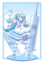 Rule 34 | 1girl, absurdres, apron, aqua eyes, aqua hair, blue bow, blue bowtie, blue dress, blue theme, bow, bowtie, commentary request, cute x subculture hatsune miku design contest, dress, eyepatch, fashion, faux figurine, fran (fran122), gloves, hat, hatsune miku, headset, highres, holding, holding syringe, large syringe, long hair, looking at viewer, nurse, nurse cap, oversized object, pill, pointing, standing, striped clothes, striped thighhighs, syringe, tenshi kaiwai, thighhighs, twintails, vocaloid, white apron, white gloves