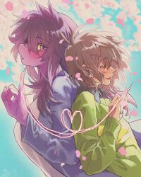 1girl 1other :d aegyo_sal antenna_hair back-to-back blue_sky blush breasts brown_hair cherry_blossoms closed_eyes closed_mouth collared_shirt colored_sclera colored_skin commentary_request day deltarune falling_petals film_grain from_side furry furry_female furry_with_non-furry green_sweater hair_between_eyes hair_over_one_eye hand_up heart heart_of_string highres interspecies jacket kris_(deltarune) large_breasts light_particles long_hair long_sleeves looking_at_viewer nose_blush open_clothes open_jacket open_mouth other_with_female outdoors petals pink_petals pinky_out profile purple_jacket purple_skin reptile_girl se_(hanahide) shirt short_hair sideways_glance sideways_mouth sky smile striped_clothes striped_sweater susie_(deltarune) sweater two-tone_sweater u_u upper_body white_shirt wind yellow_sclera yellow_sweater