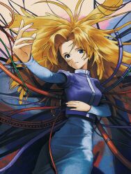 1girl absurdres blonde_hair blue_dress blue_shirt cable commentary_request dress hair_spread_out hand_on_own_stomach highres hog_the_hedge korean_commentary long_hair long_sleeves maria_robotnik outstretched_arm parted_lips shirt solo sonic_(series)