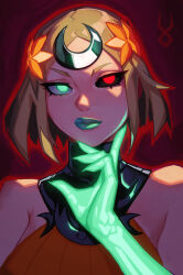 1girl ancient_greek_clothes asymmetrical_arms black_sclera blonde_hair bone colored_sclera dress glowing_arm greco-roman_clothes green_lips hades_(series) hades_2 highres laurel_crown melinoe_(hades) mismatched_sclera orange_dress qtori see-through_body short_hair sickle skeletal_arm solo