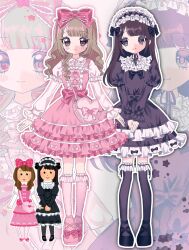 Rule 34 | 2girls, bib collar, black dress, bow, brown hair, dress, frilled dress, frills, gothic lolita, hair bow, hairband, heart, highres, irasutoya, irasutoya challenge, kneehighs, lolita fashion, lolita hairband, multiple girls, pink dress, smile, socks, yuni (s ribbon)