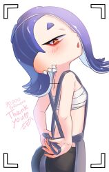 1girl amakusa_setoka apron arms_behind_back blue_hair blush cephalopod_eyes chest_sarashi commentary_request ear_blush earrings hair_over_one_eye highres jewelry looking_at_viewer milestone_celebration multiple_earrings nintendo octoling red_eyes sarashi shiver_(splatoon) signature solo splatoon_(series) splatoon_3 tentacle_hair thank_you tooth_earrings tying_apron viewfinder