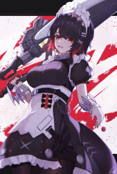 1girl absurdres apron black_dress black_hair black_pantyhose breasts buttons candy collar colored_inner_hair cuffs dress ellen_joe fins fish_tail food frilled_dress frills furrowed_brow hair_ornament hairband hairclip head_tilt highres holding holding_candy holding_food holding_lollipop holding_sword holding_weapon huge_weapon large_breasts letterboxed lollipop looking_at_viewer maid maid_apron maid_headdress metal_collar metal_hairband mole mole_under_eye multicolored_hair open_mouth pantyhose pisuke_(user_kcmh2774) puffy_short_sleeves puffy_sleeves red_background red_eyes red_hair red_nails shark_girl shark_tail sharp_teeth short_hair short_sleeves sidelocks signature simple_background sword tail teeth two-tone_background two-tone_hair upper_teeth_only weapon white_apron white_background x_hair_ornament zenless_zone_zero