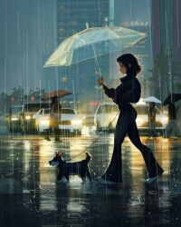 Rule 34 | 1girl, animal, black coat, black eyes, black hair, black pants, building, car, cityscape, closed mouth, coat, commentary, crosswalk, dog, english commentary, from side, full body, hand up, highres, holding, holding leash, holding umbrella, lamppost, leash, long sleeves, looking at animal, looking down, motor vehicle, original, outdoors, pants, people, pet walking, profile, rain, road, sam yang, shoes, short hair, sidelocks, skyscraper, smile, solo focus, splashing, street, traffic light, transparent, transparent umbrella, umbrella, walking, white car, white shoes