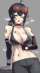 1girl ;o ahoge arm_pouch artist_name asymmetrical_gloves bare_shoulders black_choker black_gloves black_hair black_pants black_sports_bra breasts choker cleavage collarbone commentary cslucaris dirty dirty_face english_commentary english_text fingerless_gloves fishnet_gloves fishnets furrowed_brow gloves goggles goggles_on_head grace_howard grey_background grey_gloves hair_between_eyes hand_rest highres hot large_breasts leaning_back long_hair looking_to_the_side mismatched_gloves navel one_eye_closed open_mouth orange_eyes pants shoulder_tattoo signature single_fingerless_glove solo sports_bra steaming_body sweat tattoo teeth toned toned_female unzipped upper_teeth_only very_sweaty zenless_zone_zero zipper_top