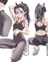 Rule 34 | 1girl, absurdres, alternate costume, arm up, armpits, ass, back, black nails, blue eyes, breasts, collarbone, commentary, full body, highres, hololive, hololive english, long hair, looking at viewer, messy, midriff, mole, mole under eye, multiple views, nail polish, ninomae ina&#039;nis, pants, pointy ears, ponytail, purple hair, scarlet (wv0102), shirt, simple background, small breasts, sports bra, squatting, symbol-only commentary, tentacle hair, virtual youtuber, white background, white shirt, yoga pants
