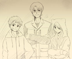 1girl 2boys aida_kensuke beard coat crossed_arms evangelion:_3.0+1.0_thrice_upon_a_time expressionless eyepatch facial_hair glasses grin hair_between_eyes hand_on_own_hip hood hood_up long_hair looking_at_viewer mecha_pilot_suit multiple_boys rebuild_of_evangelion ryoji_kaedo smile souryuu_asuka_langley