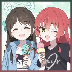 Rule 34 | 2girls, ;d, absurdres, airi (band) (blue archive), airi (blue archive), black shirt, blue archive, blue jacket, blush, bocchi the rock!, brown hair, closed eyes, commentary request, facing viewer, food, green eyes, green halo, halo, highres, holding, holding ice cream cone, ice cream, ice cream cone, jacket, kita ikuyo, long hair, long sleeves, looking at viewer, multiple girls, official alternate costume, one eye closed, one side up, open mouth, print shirt, red hair, shirt, short sleeves, smile, t-shirt, upper body, vector (dmlddmld00), white shirt