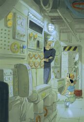 1boy 1girl arm_tattoo bear bepo_(one_piece) black_hair black_shirt clock crop_top denim hat hat_over_eyes highres holding holding_wrench ikkaku_(one_piece) indoors industrial_pipe jeans konekomarururu mechanic one_piece overalls_removed pants penguin_(one_piece) polar_bear push-button ship_interior shirt smile steering_wheel tattoo toolbox tools trafalgar_law wrench